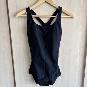 Women's SPEEDO 1 Piece Swimsuit Black Racer Back Size 4 GUC Padded Chest